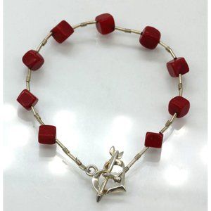 925 STERLING red coral cubes heart arrow liquid silver BRACELET vintage  7 1/2"